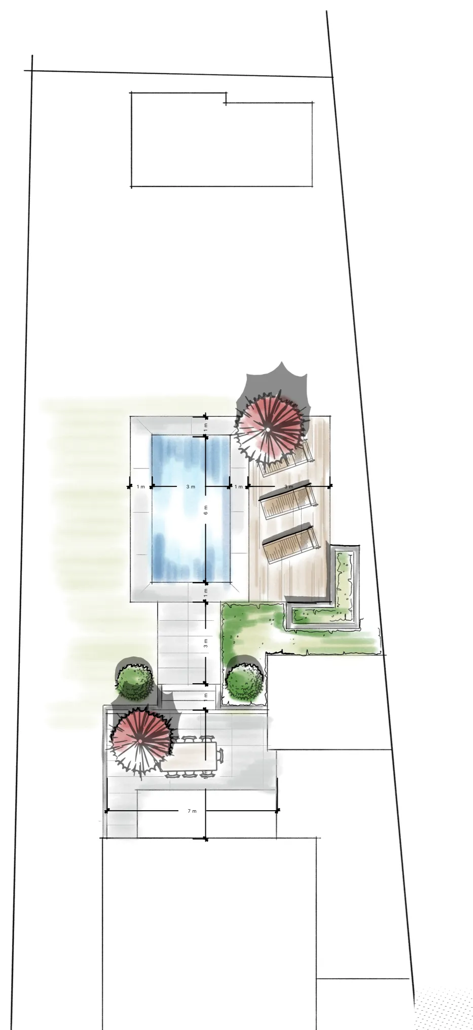 Fertiger Gartenentwurf: Grundriss mit Becken, Holzdeck, Sitzplatz, Bepflanzung und eingetragenen Maßen.