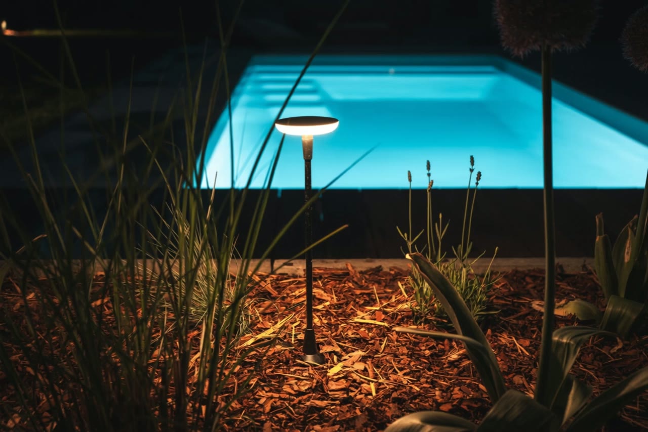 Beleuchteter Pool am Abend, gesehen durch Gräser und Blüten im Vordergrund.